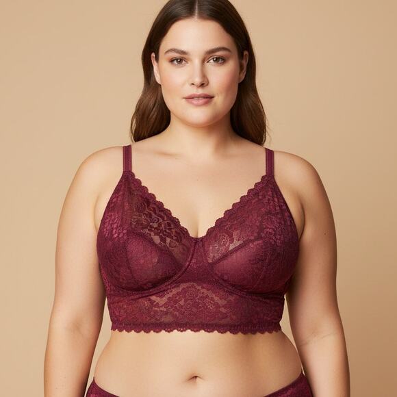 Torrid Lace Bralette Plus Size 3 3X Burgundy Wine Red Longline Wireless Lingerie - Picture 1 of 9